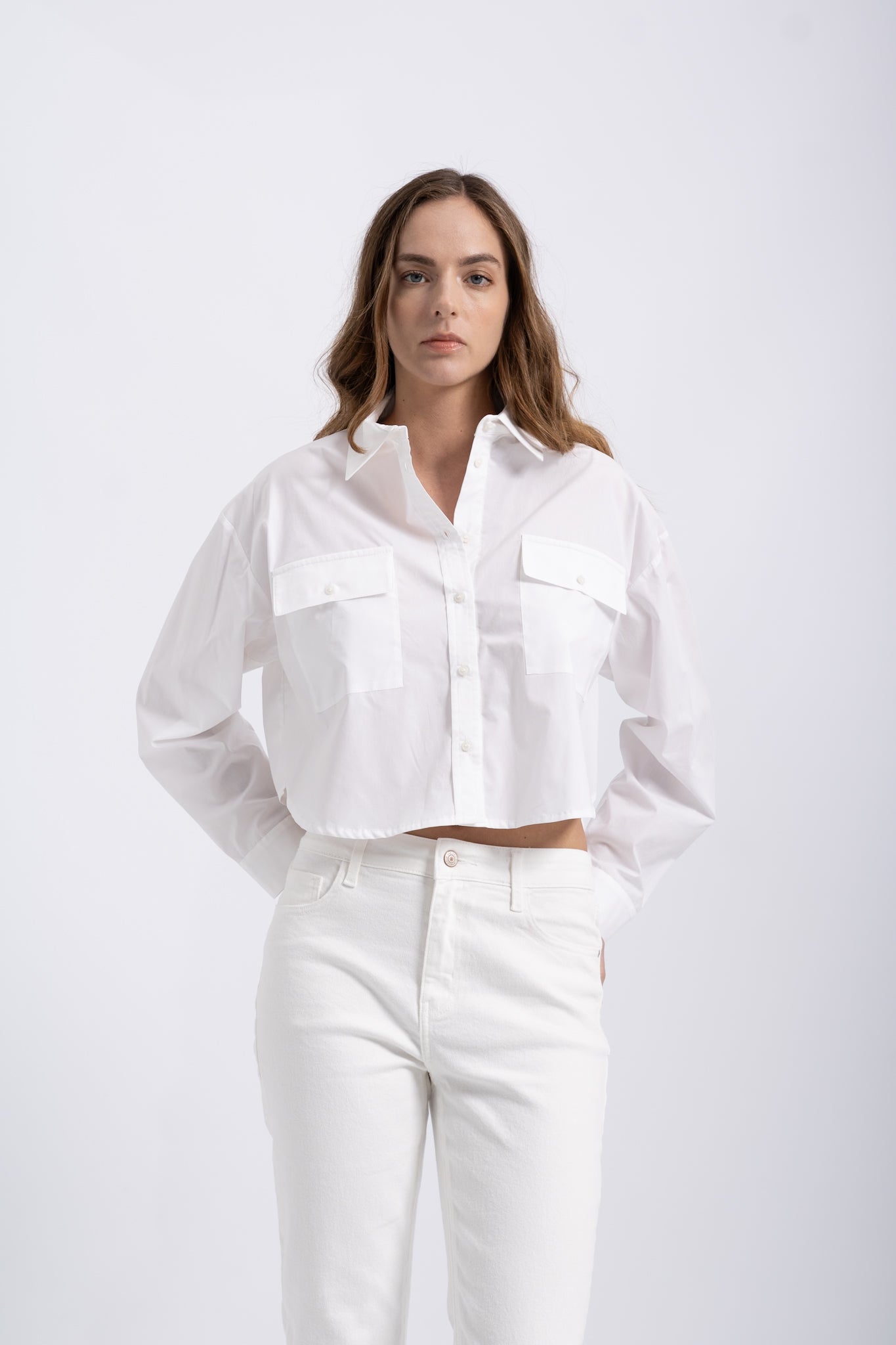 Chemise Cropped Poches Plaquées Coton Pitch