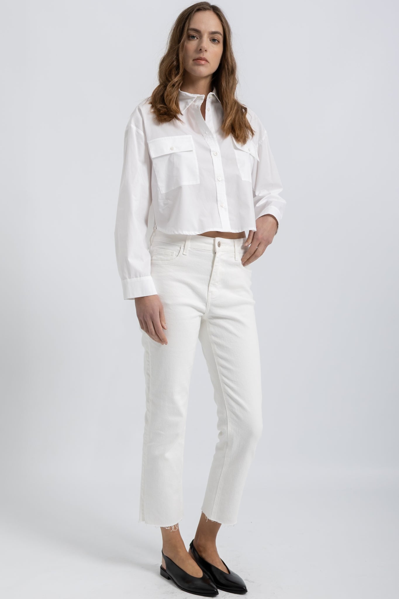 Chemise Cropped Poches Plaquées Coton Pitch