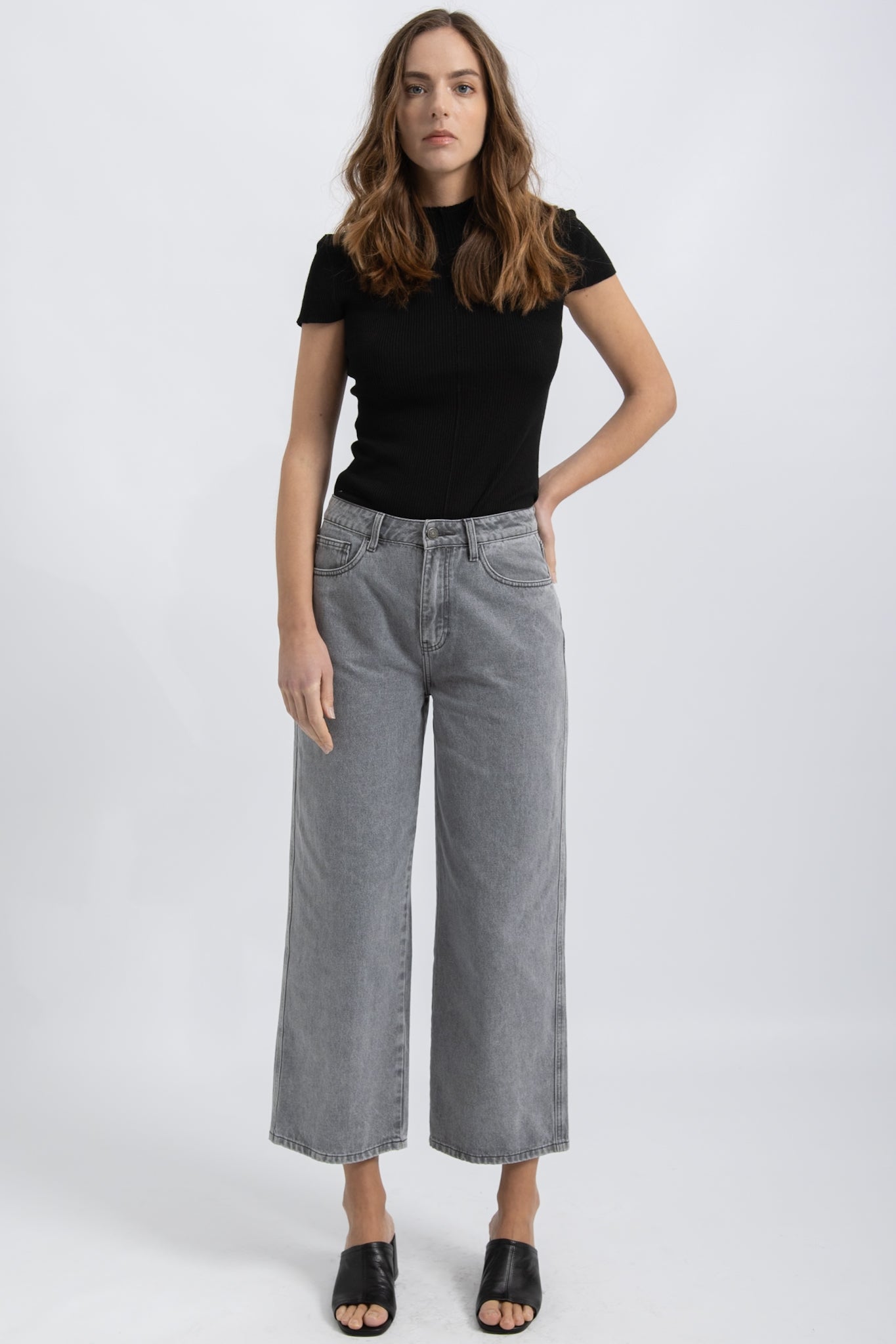 Jeans Wide Cropped Denim Gris