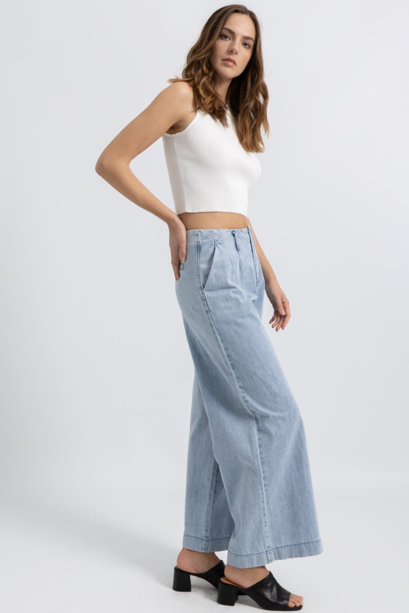 Jeans Wide Pinces Denim Clair