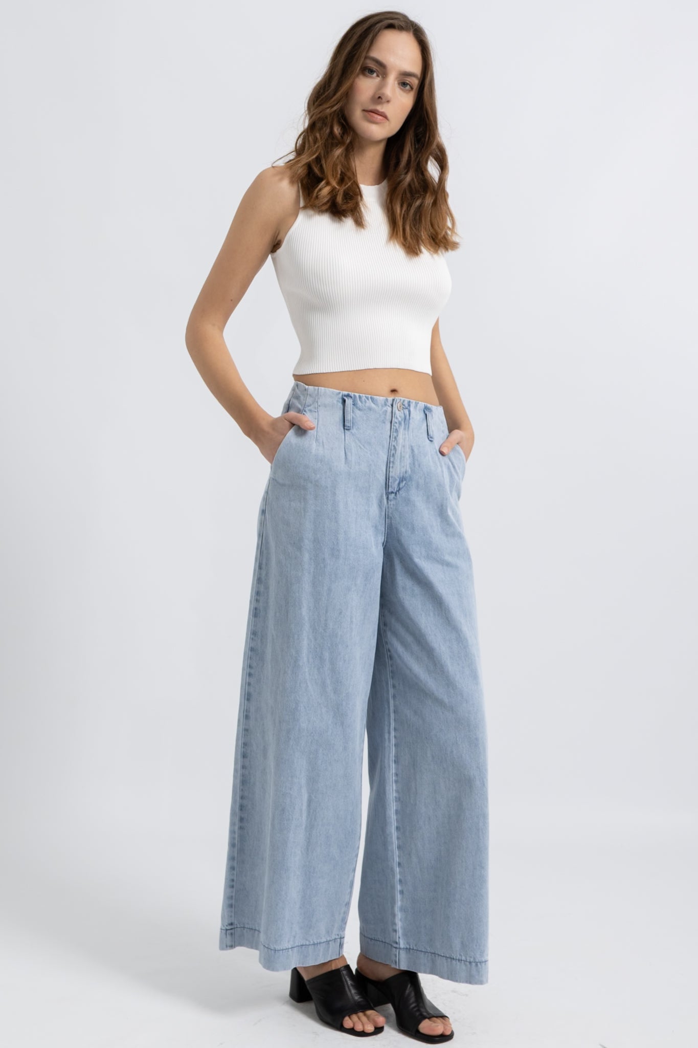 Jeans Wide Pinces Denim Clair