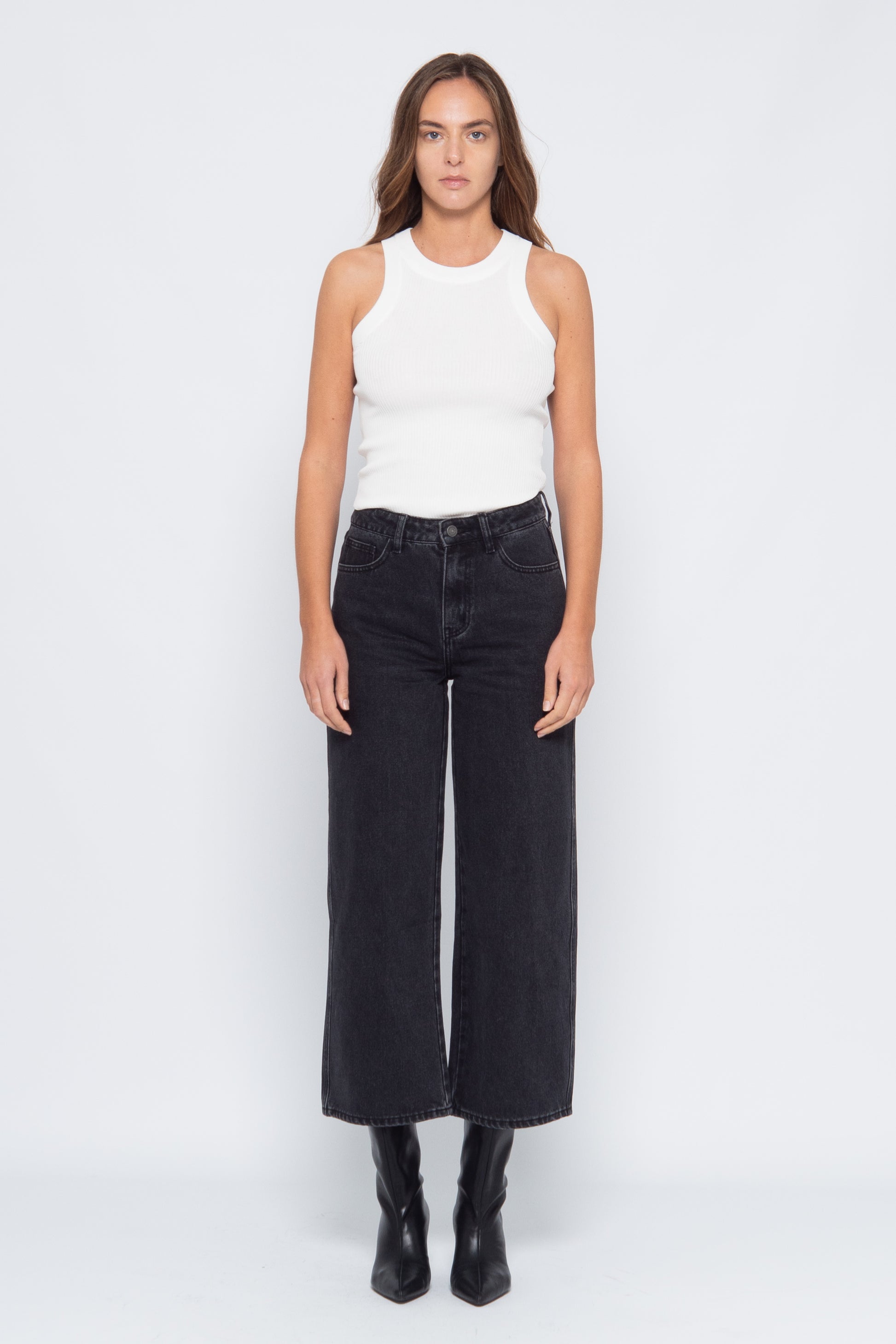 Jean Wide Cropped Denim Gris