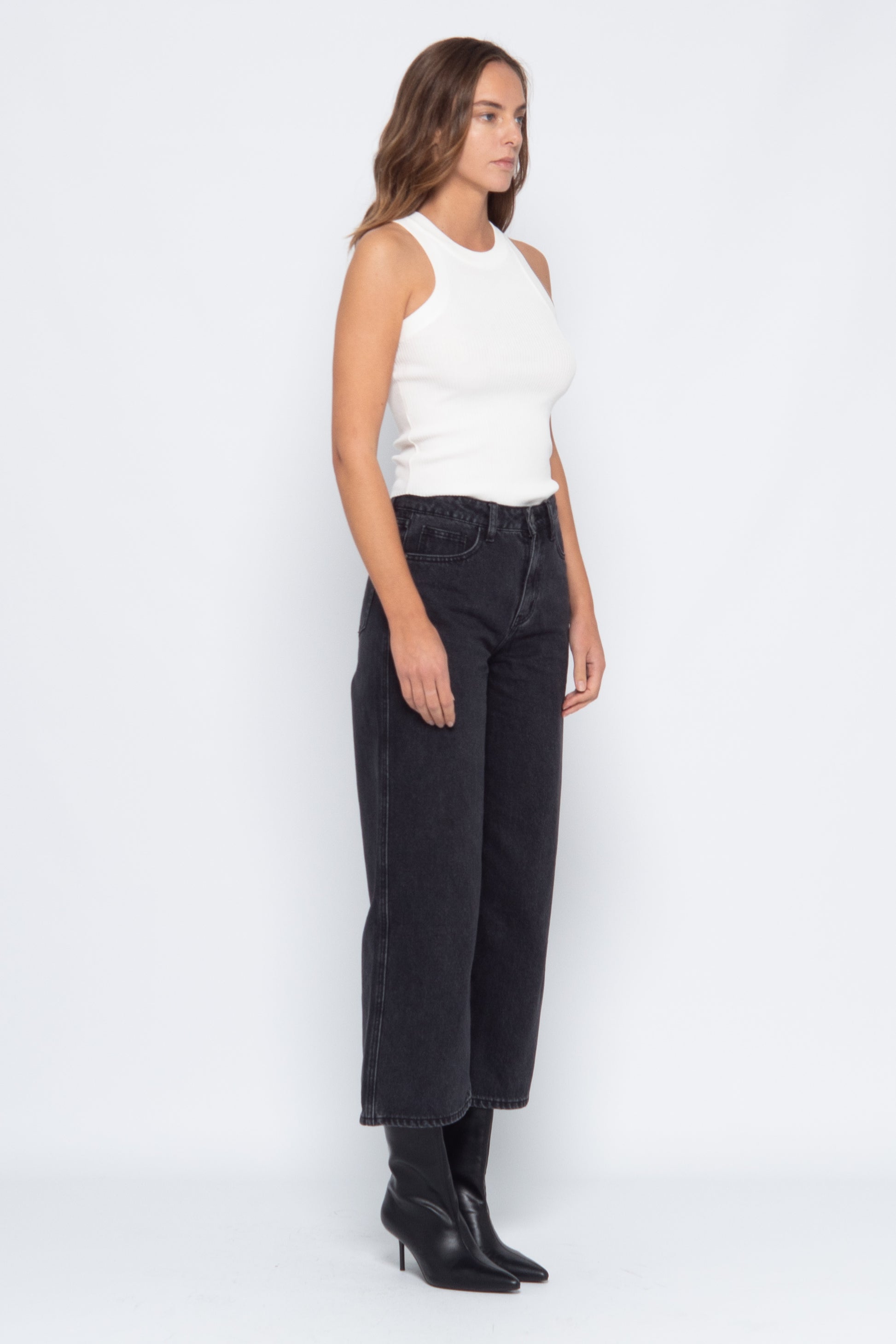 Jean Wide Cropped Denim Gris
